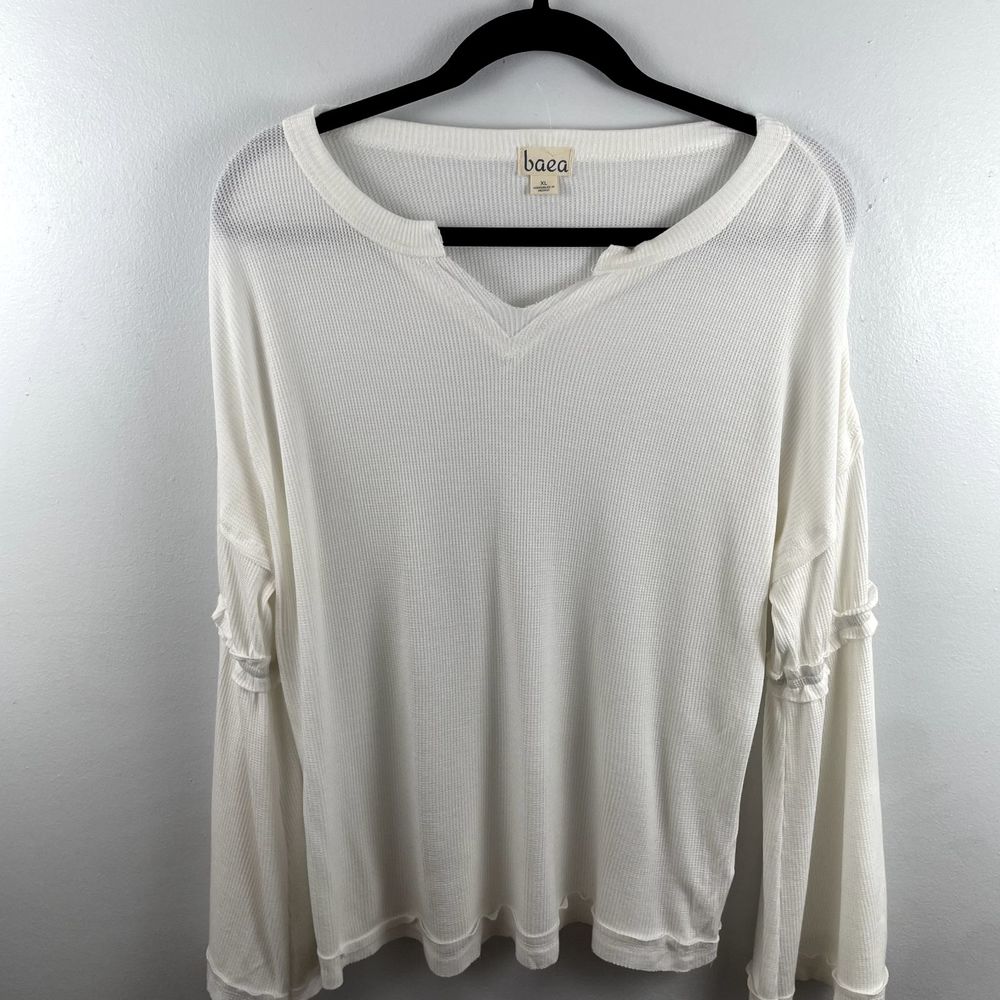 baea Womens Thermal Sweater White XL Polyester Blend Stretch Ruffle Bell Sleeves